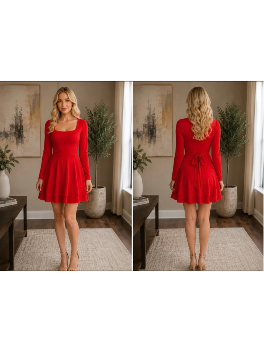 Women's OYS Red Long Sleeve Square Neck Mini Dress Size L